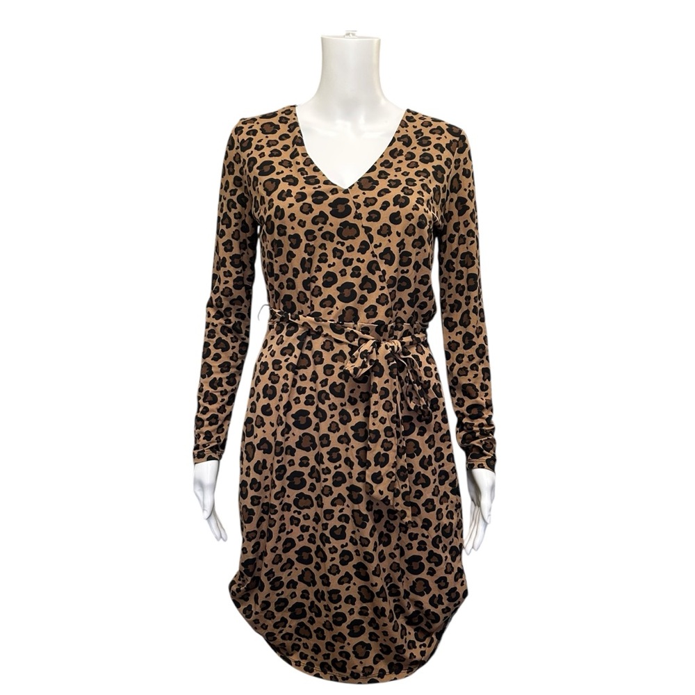 Dex Leopard Print Fit & Flare Tie Waist Dress Brown Black Size S